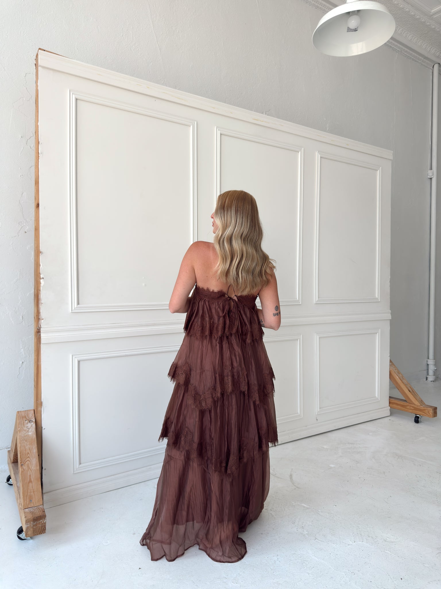 Beulah Style Tiered Lace Trim Maxi Slip Dress