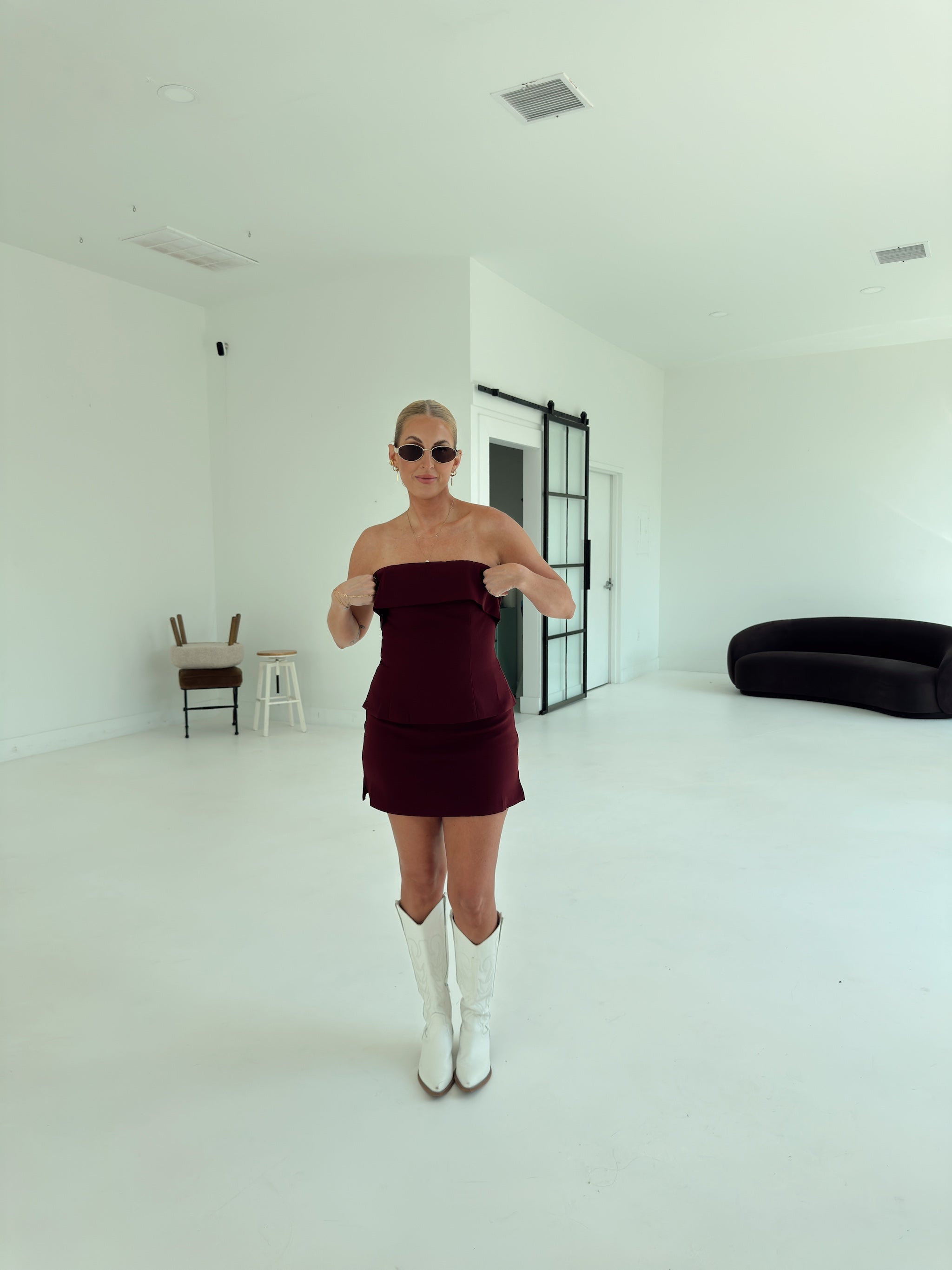 Crepe High Waist Mini Skort - Maroon
