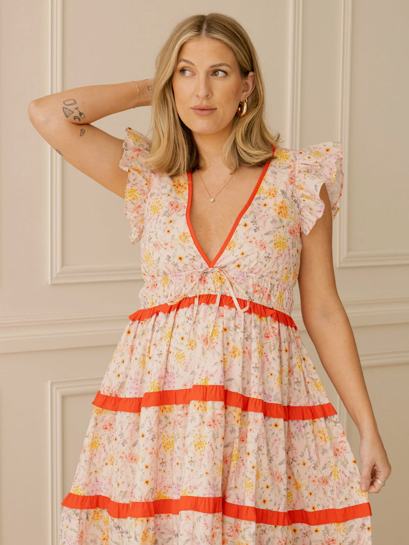 Pink Contrast Floral Midi Dress