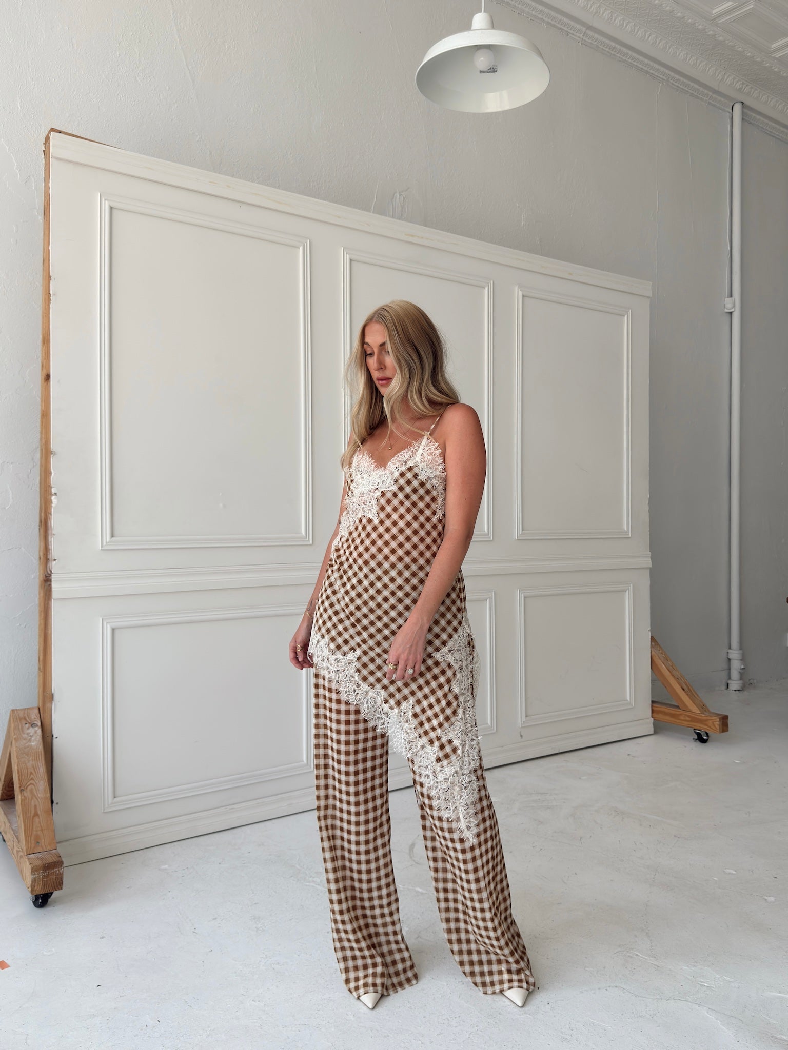 Georgia Gingham Lace Trim Set - Camel