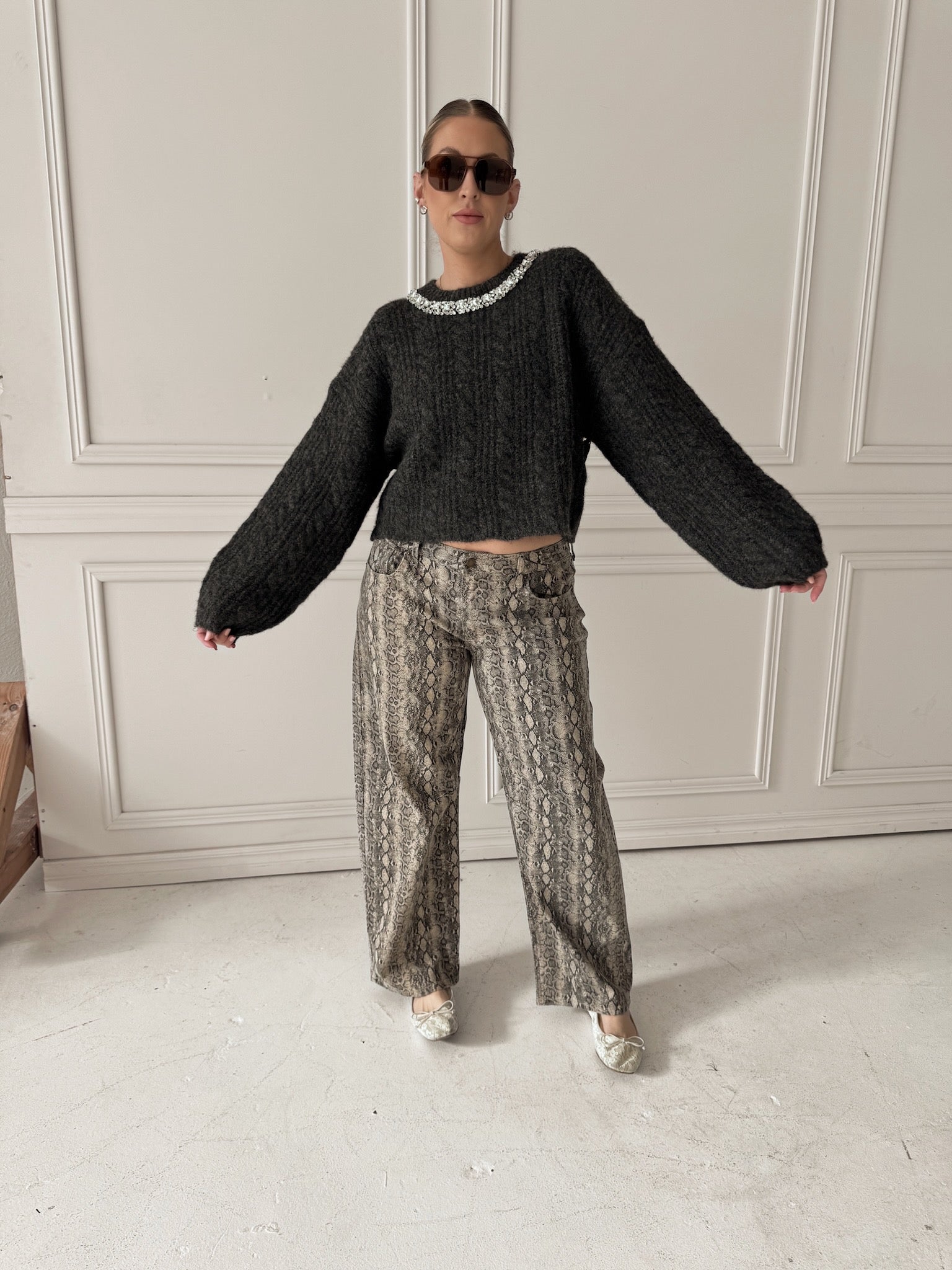 Endless Rose Jewel Embroidered Cable Knit Sweater