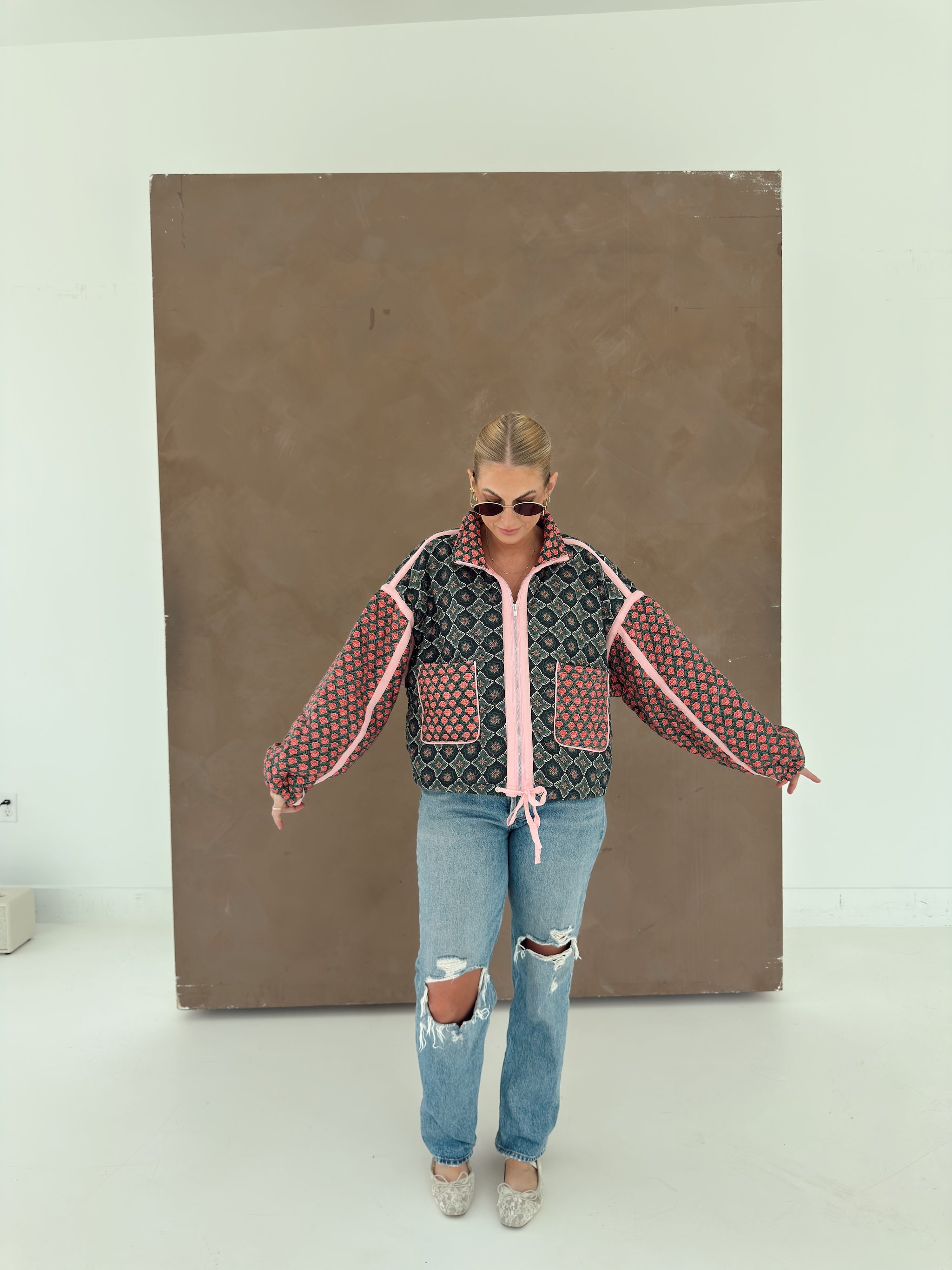 Quinn Quilted Bomber Jacket in Rose Garden