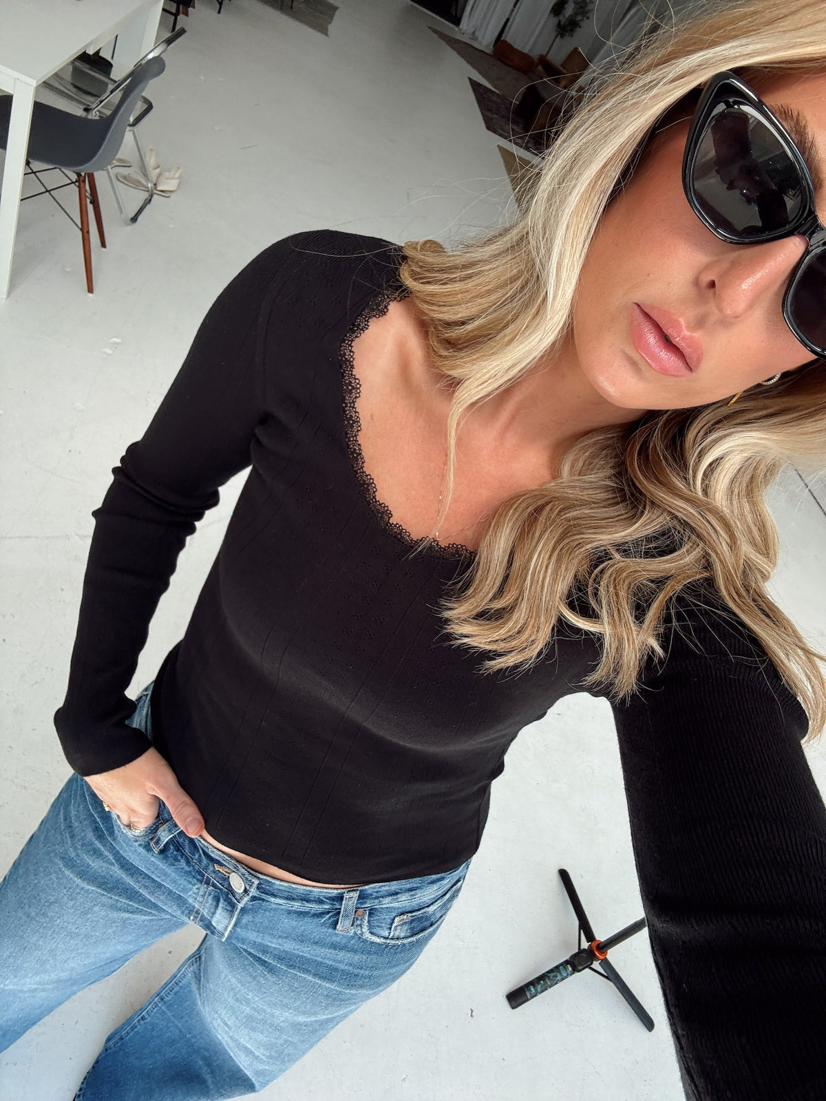 Presley Pointelle Rib Knit Sweater - Black