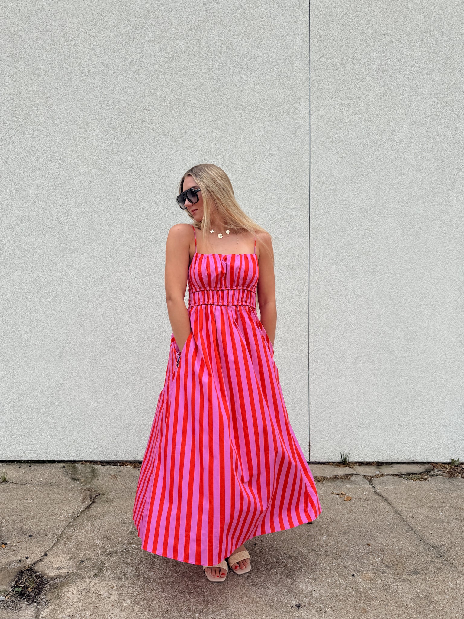 English Factory Striped Smocked Waist Midi Dress - Pink/Red