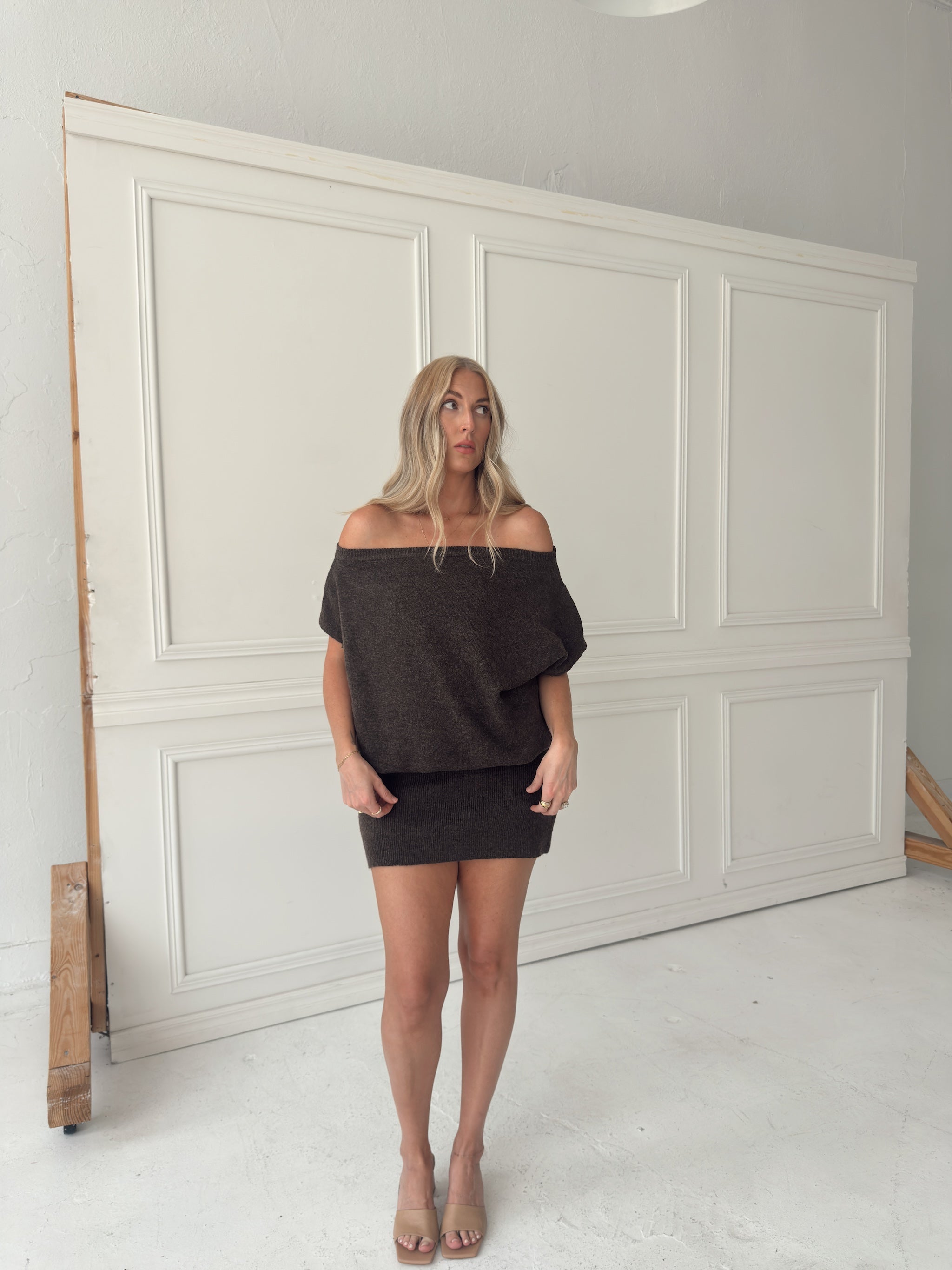 Lauren Off Shoulder Drop Waist Sweater Dress - Brown