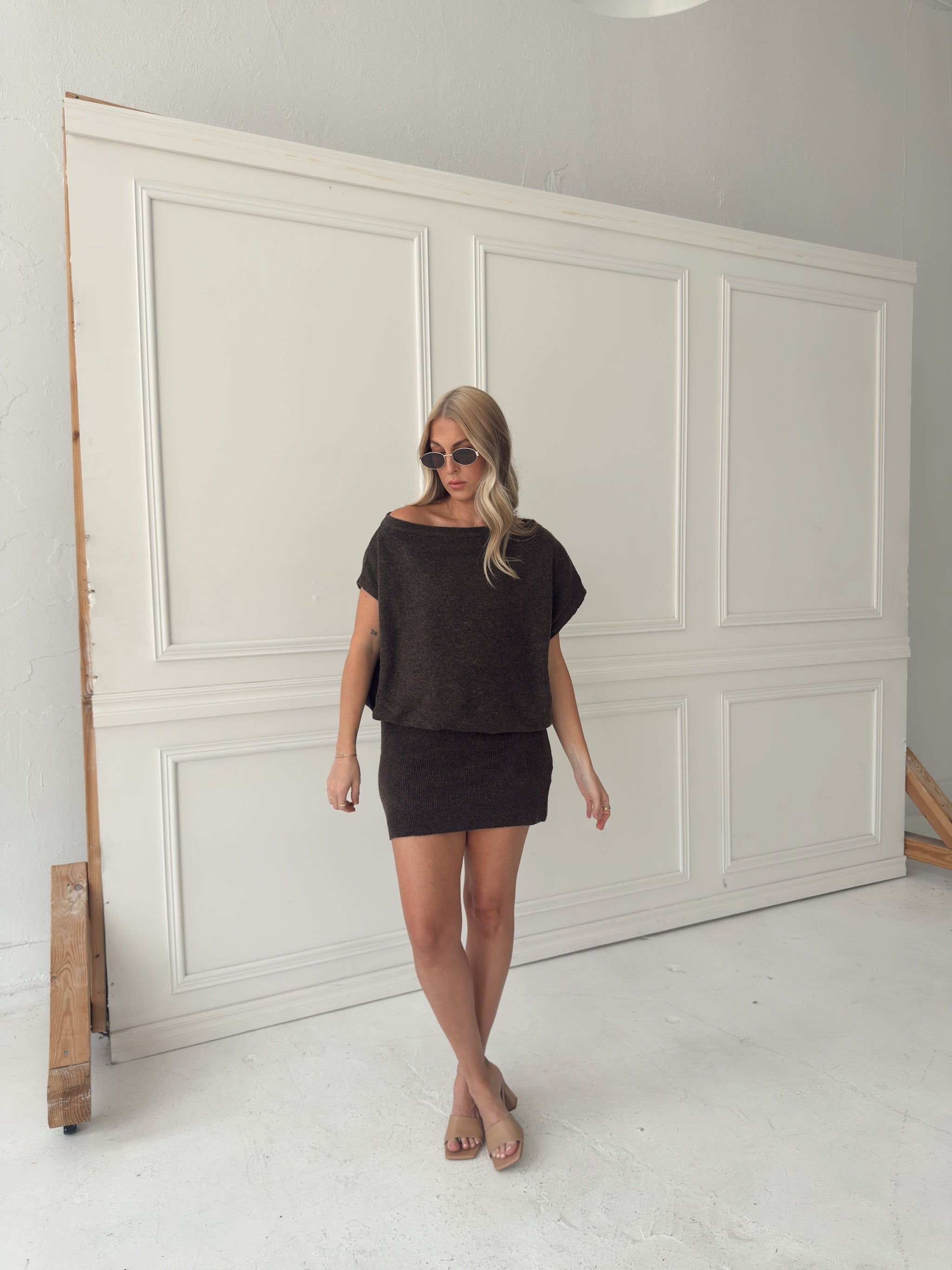 Lauren Off Shoulder Drop Waist Sweater Dress - Brown