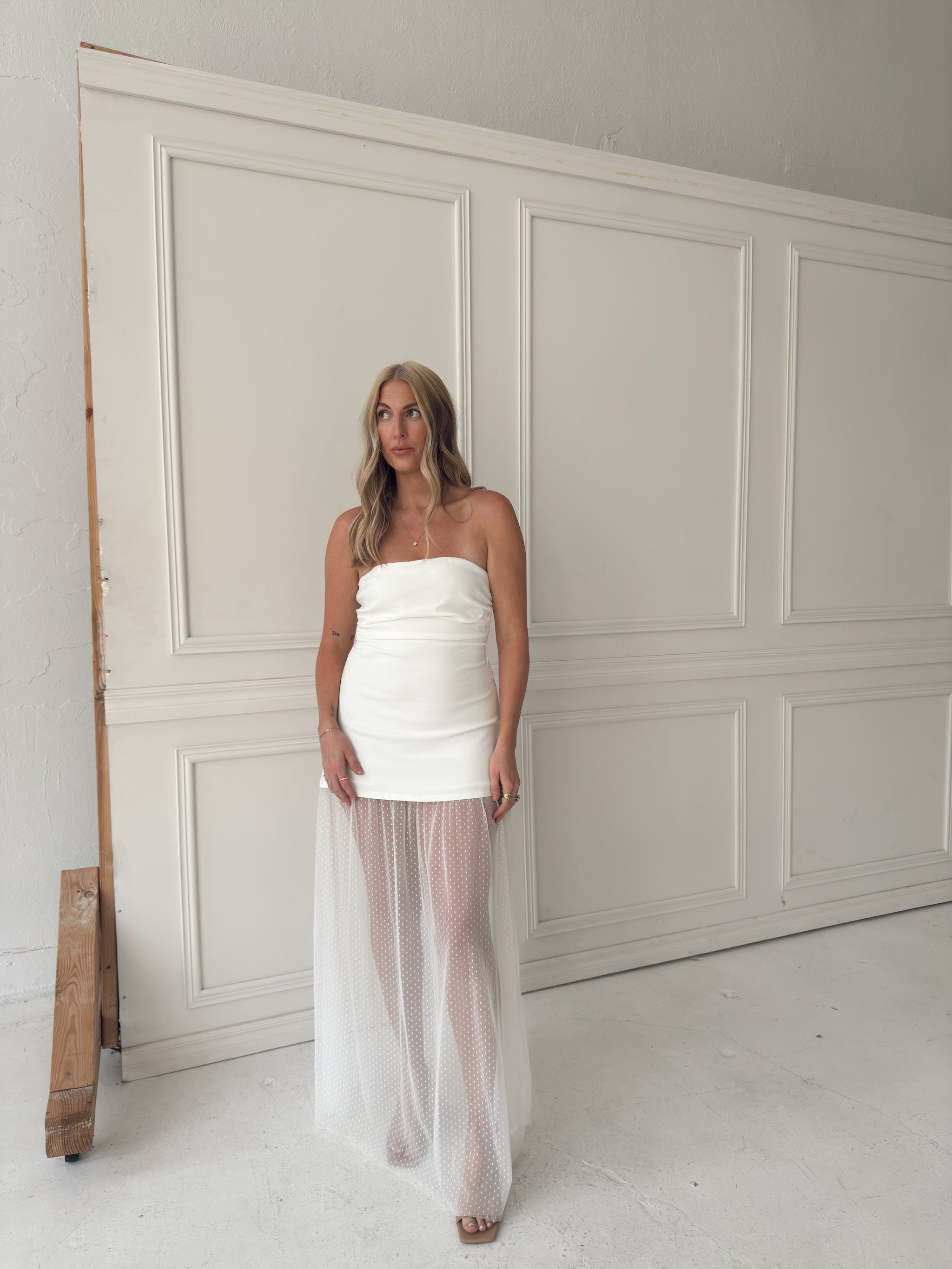Melissa Strapless Mesh Maxi Dress - White