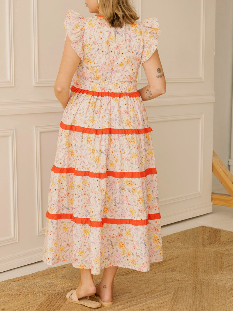 Pink Contrast Floral Midi Dress