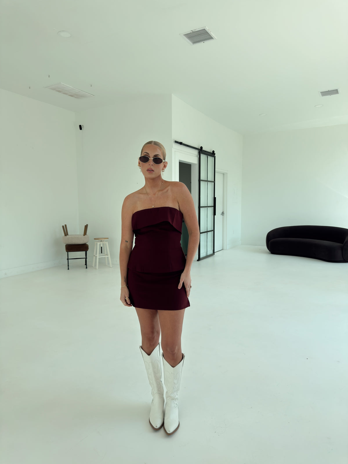Crepe High Waist Mini Skort - Maroon