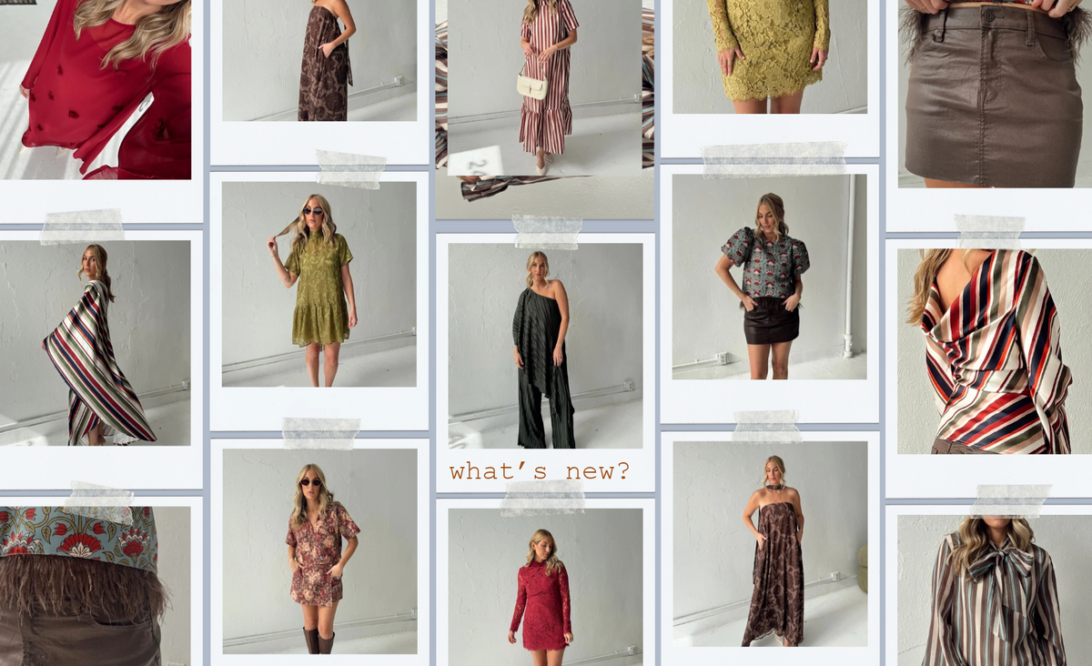 A collage of multiple fashion photos showing a woman modeling different outfits in a studio setting, with a central text overlay reading 'what's new?'. The images display dresses, tops, skirts, and striped garments in various colors and patterns.