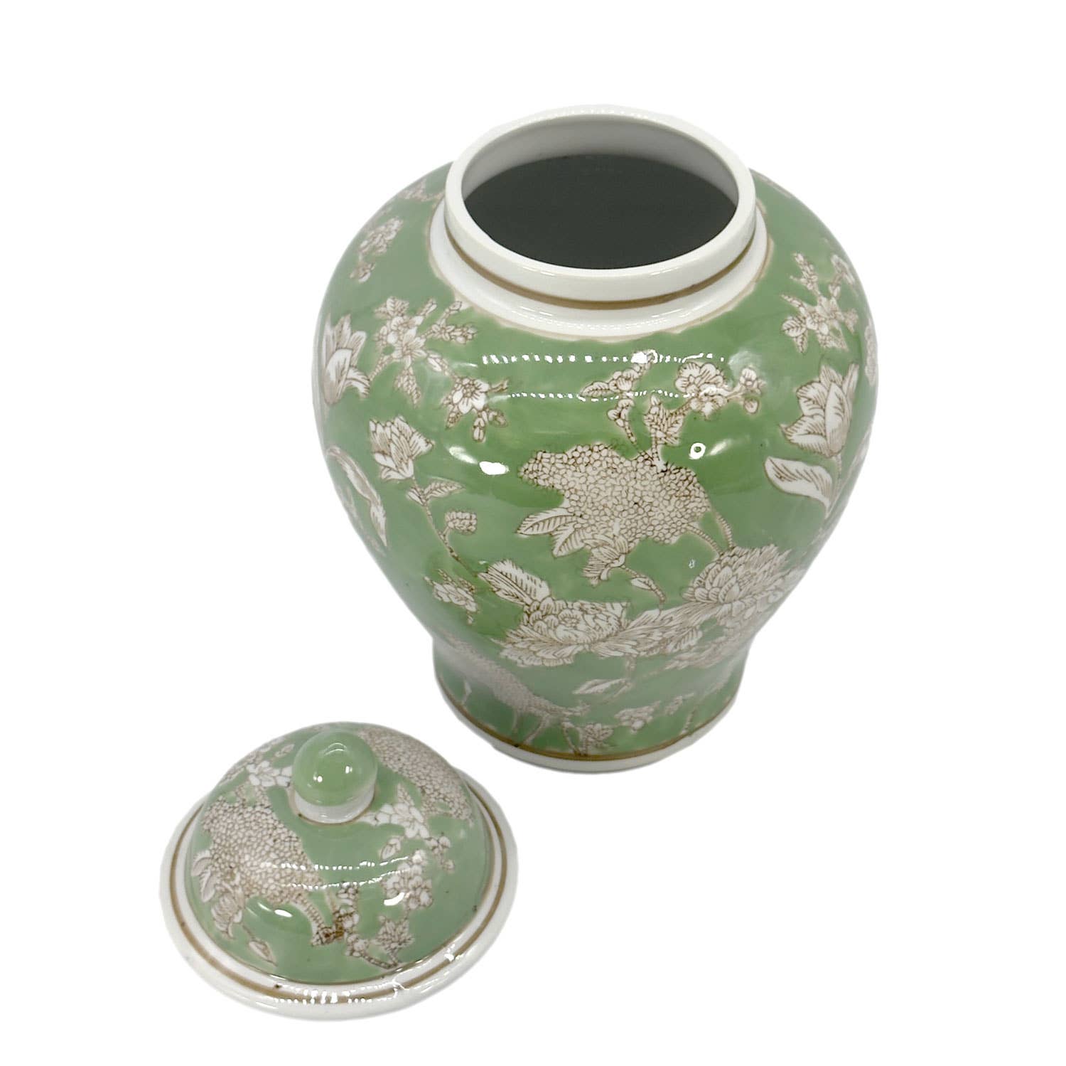 Green & White  Floral Peony Ceramic Chinoiserie Jar 12" - STORE PICK UP ONLY