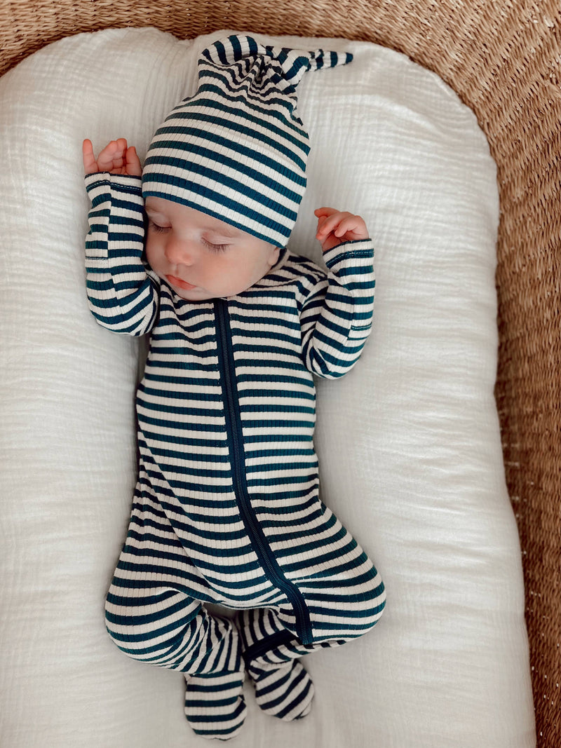 Steel Blue Stripe Organic Ribbed Zip Footie