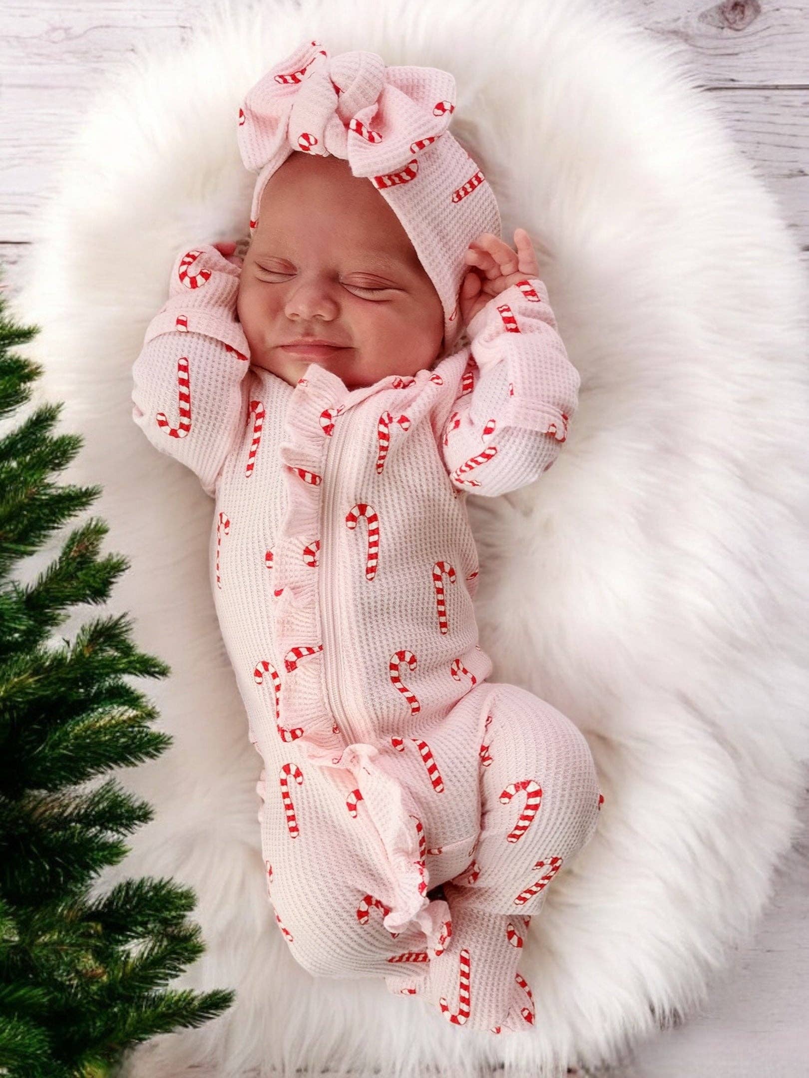 Organic Waffle Ruffle Zip Footie Pink Candy Cane