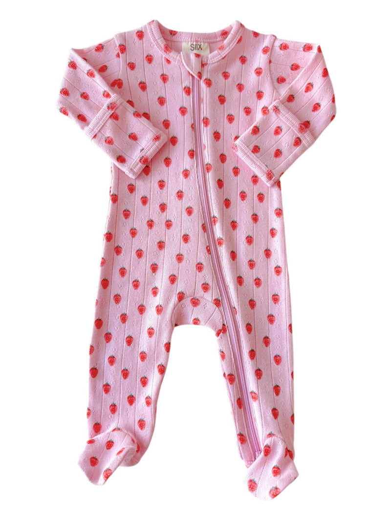 Pink Strawberry Organic Pointelle 2-Way Zip Footie