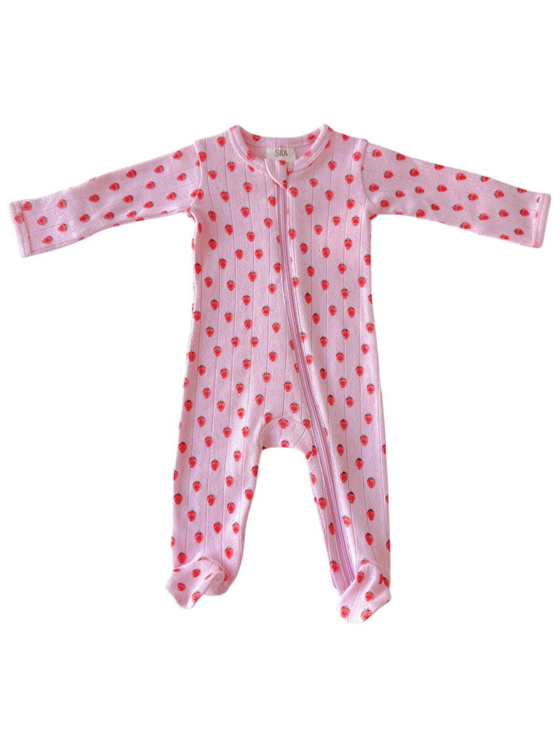 Pink Strawberry Organic Pointelle 2-Way Zip Footie