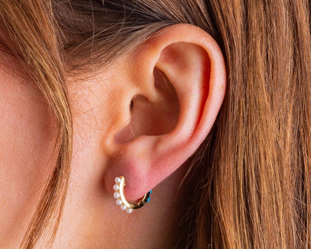 Sheridan Pearl & Turquoise Huggie Earrings