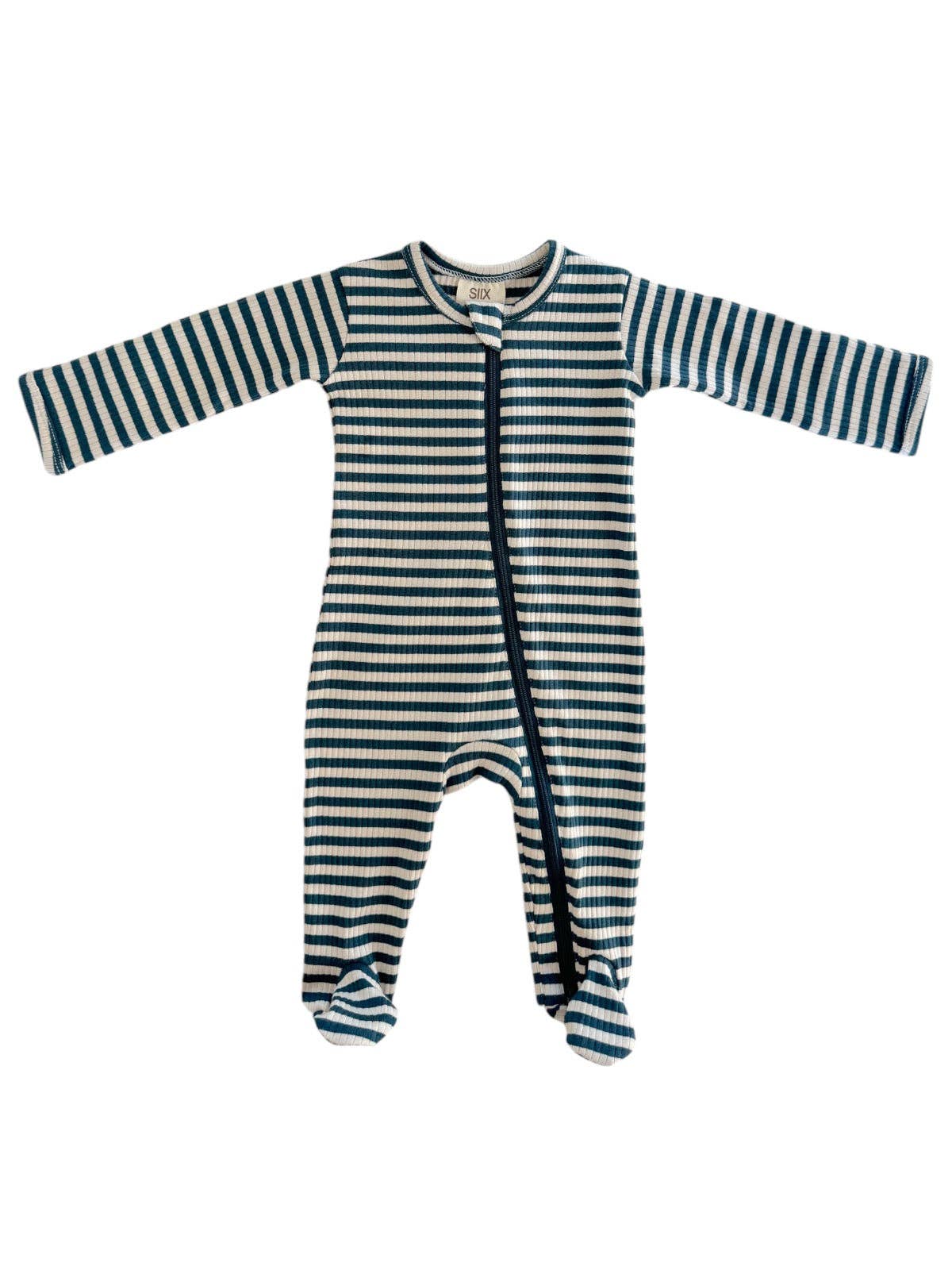 Steel Blue Stripe Organic Ribbed Zip Footie