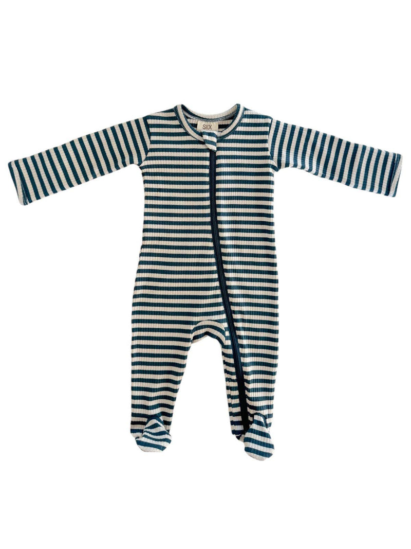 Steel Blue Stripe Organic Ribbed Zip Footie
