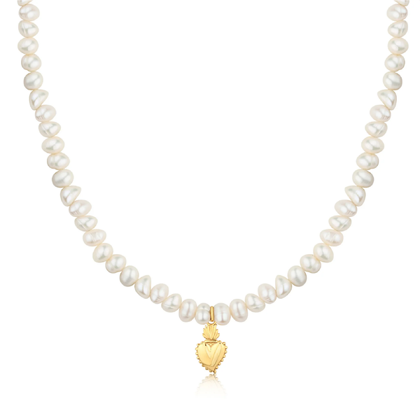 Sacred Heart Pearl Necklace - Gold plate