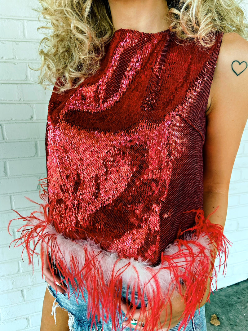 Queen of Sparkles Red Sequin Tank w/ Red & White Feathers