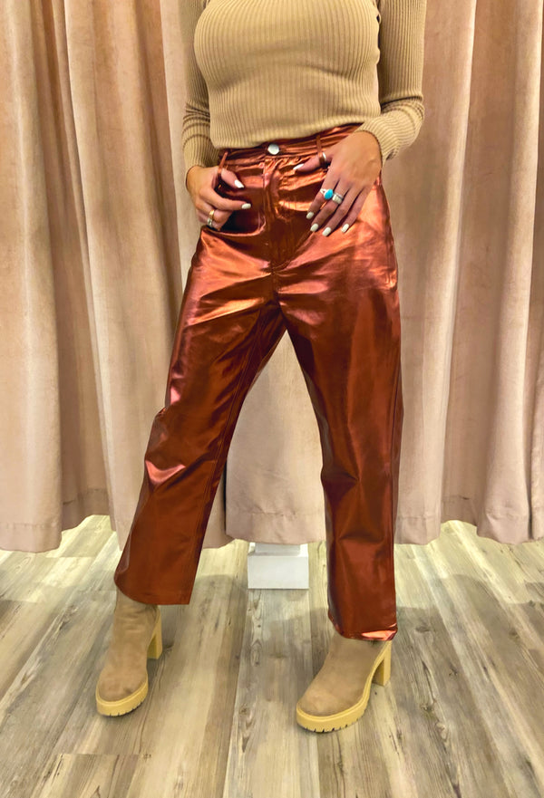 Buddylove Travolta High-Rise Metallic Pants - Bronze