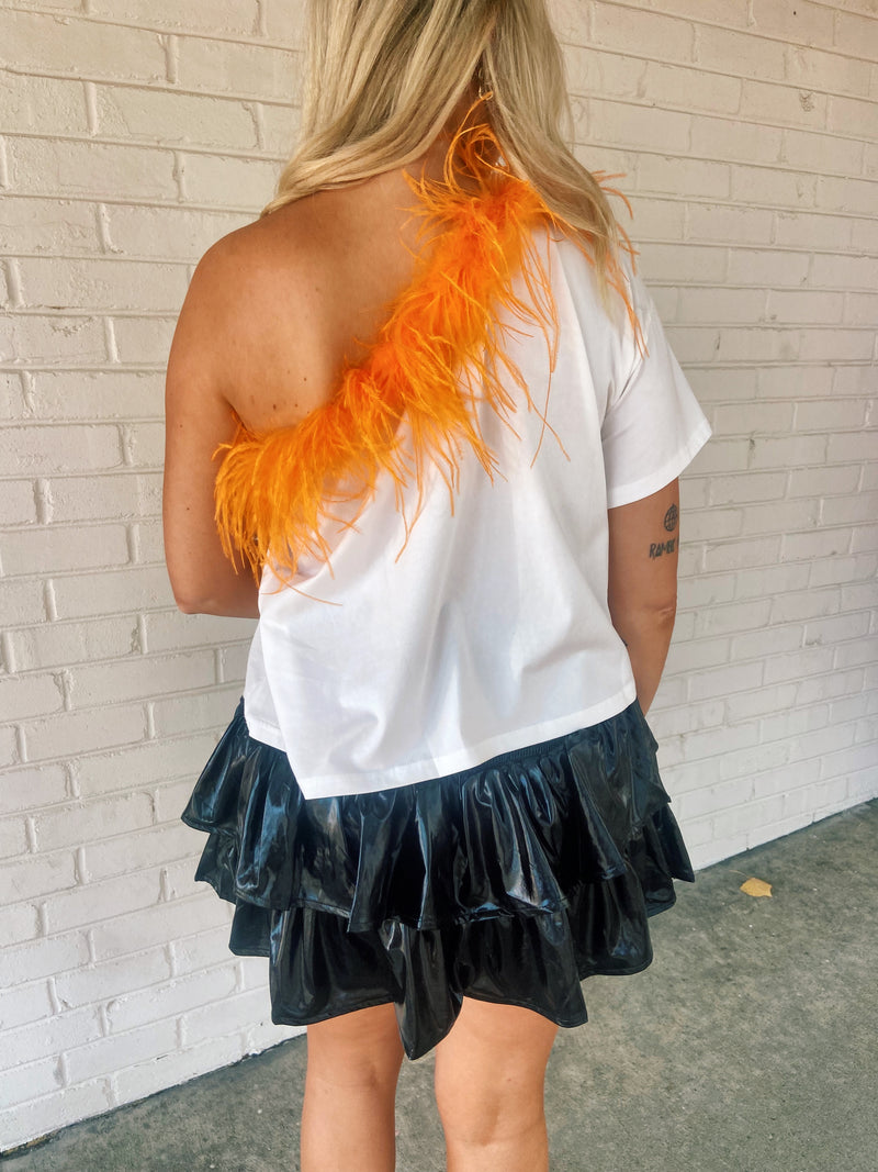 Queen of Sparkles White One Shoulder Orange Feather Tee