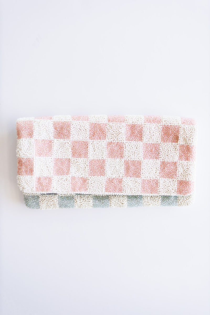 Beaded Pink and Blue Check Clutch