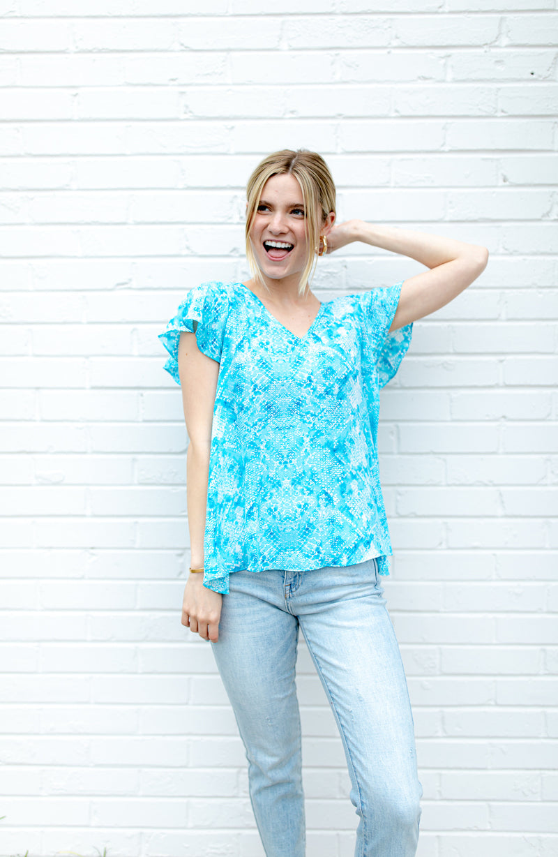 BuddyLove Avril Flutter Sleeve V-Neck Top - Pacific