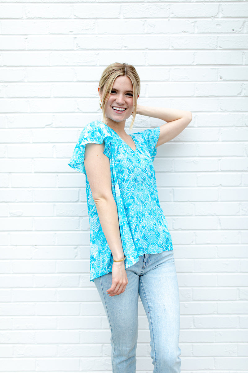 BuddyLove Avril Flutter Sleeve V-Neck Top - Pacific