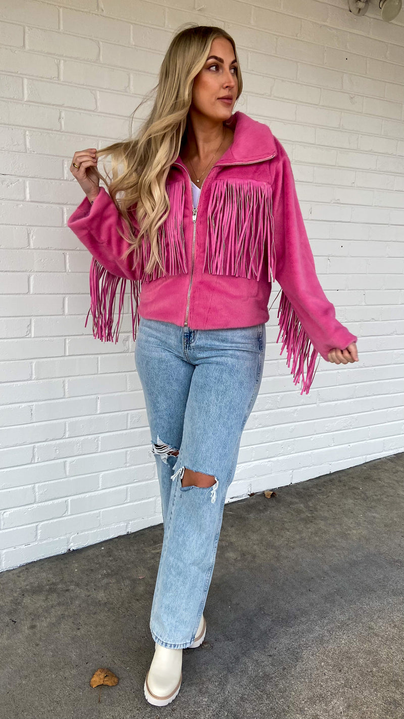 Buddylove Skylar Faux Fringe Fur Jacket - Pink