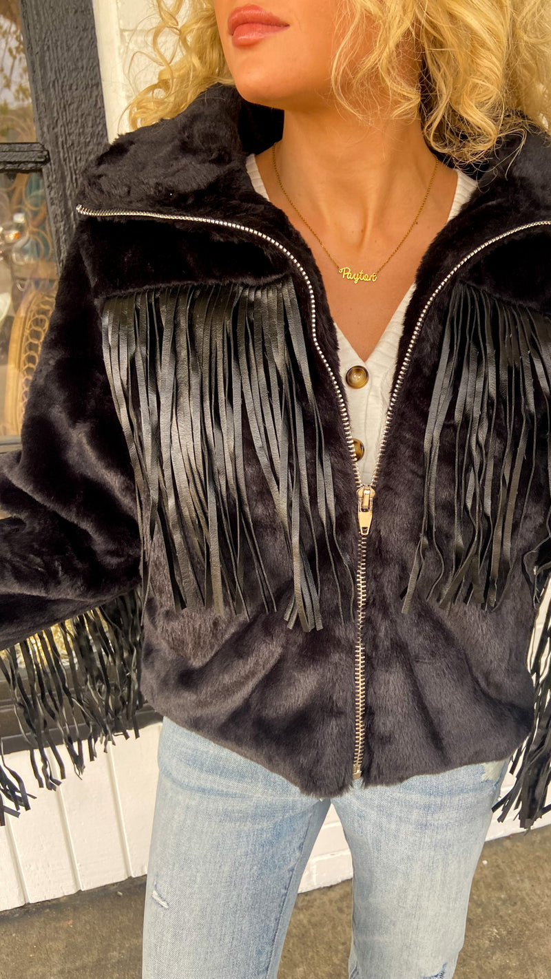 Buddylove Skylar Faux Fringe Fur Jacket - Black