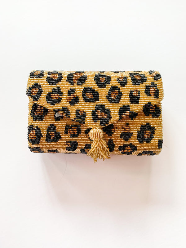 Leopard Mini Baguette Beaded Bag