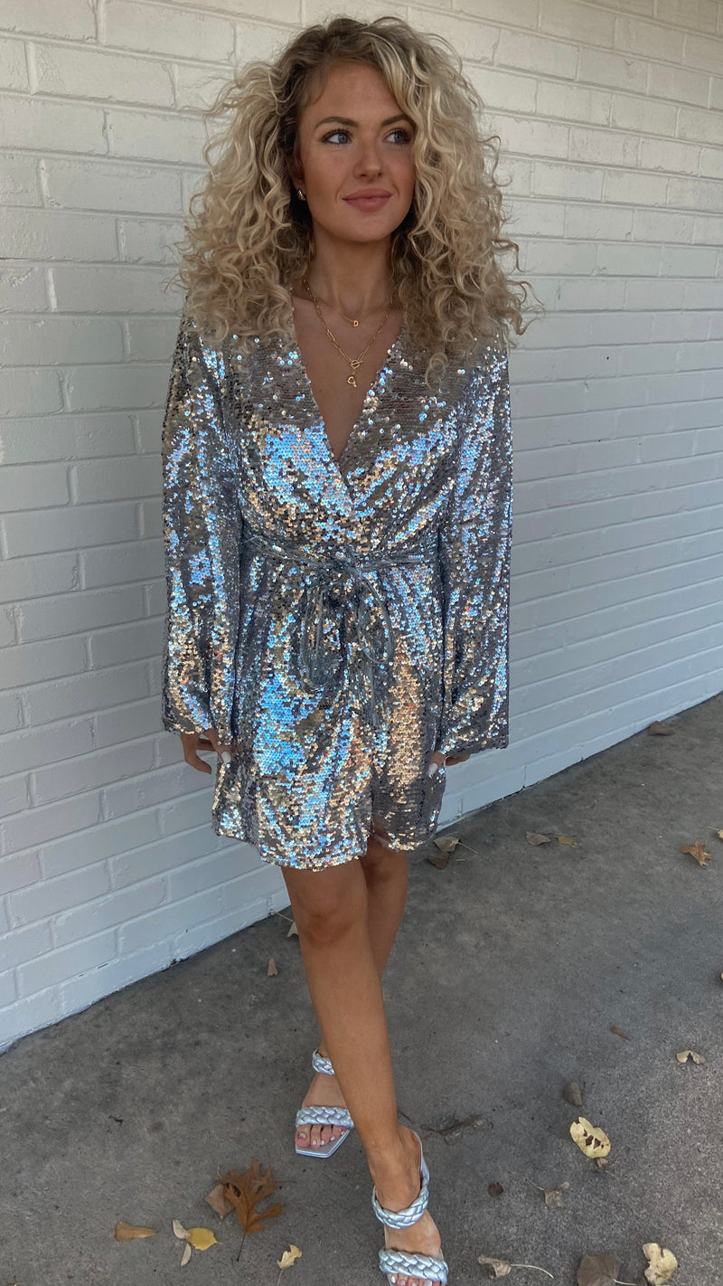 Buddylove Lynlee Sequin Wrap Dress - Silver