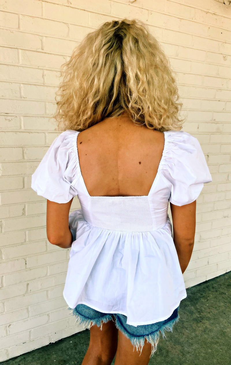 Buddylove Houston Puff Sleeve Top - White and showing off the back details