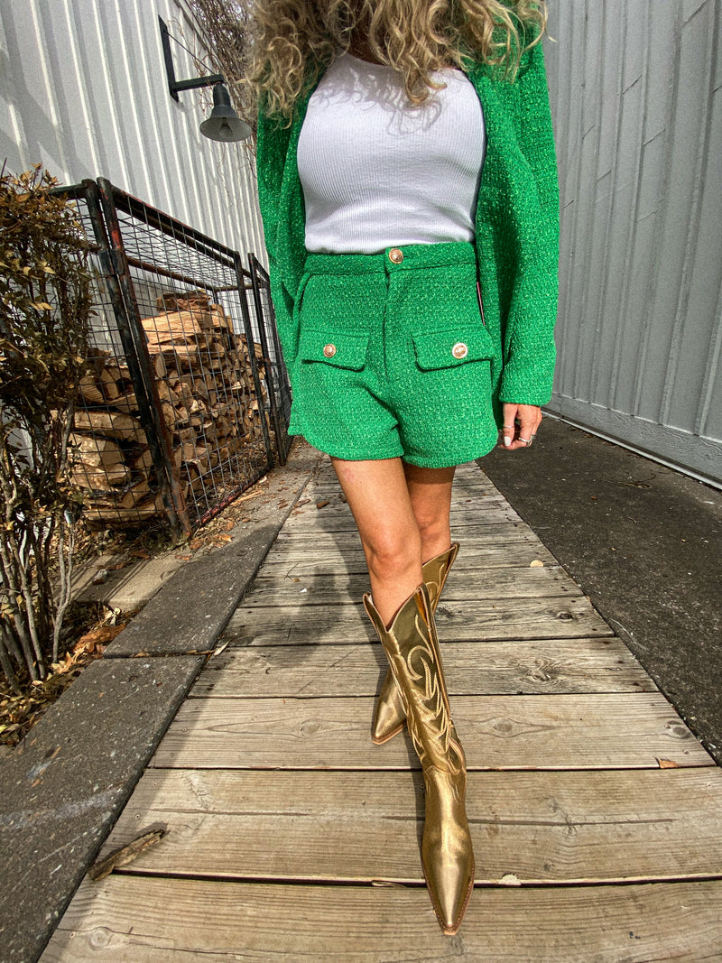 Buddylove Mae Tweed High Waisted Shorts - Green