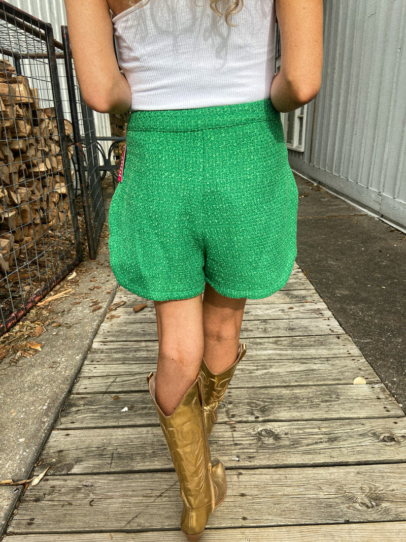 Buddylove Mae Tweed High Waisted Shorts - Green