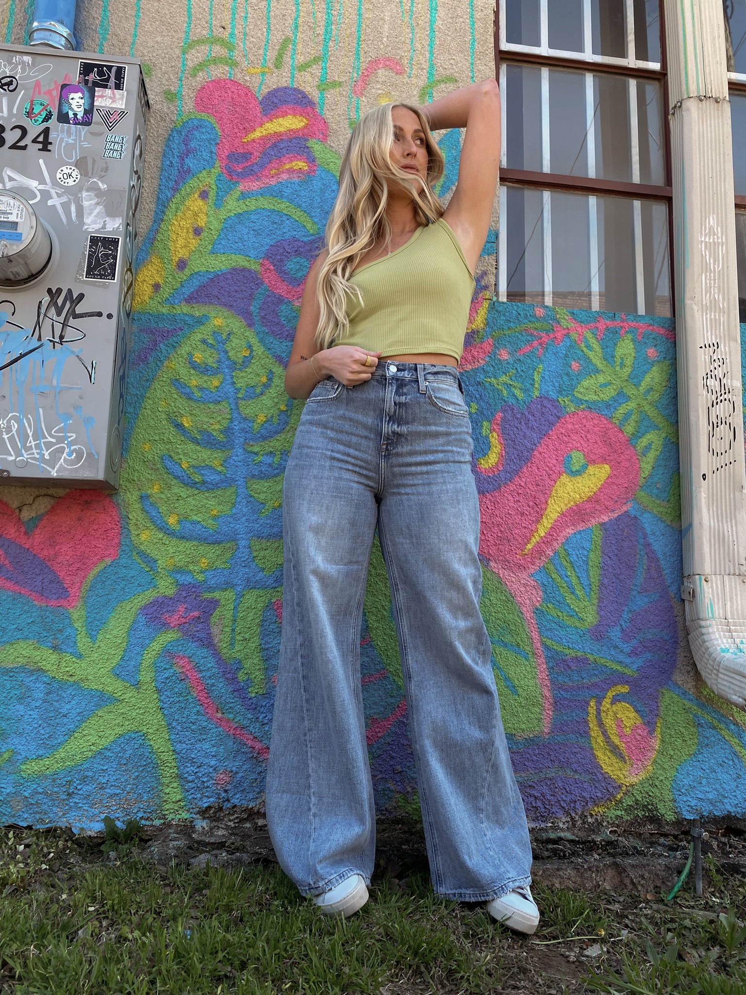 One Shoulder Crop - Pale Olive