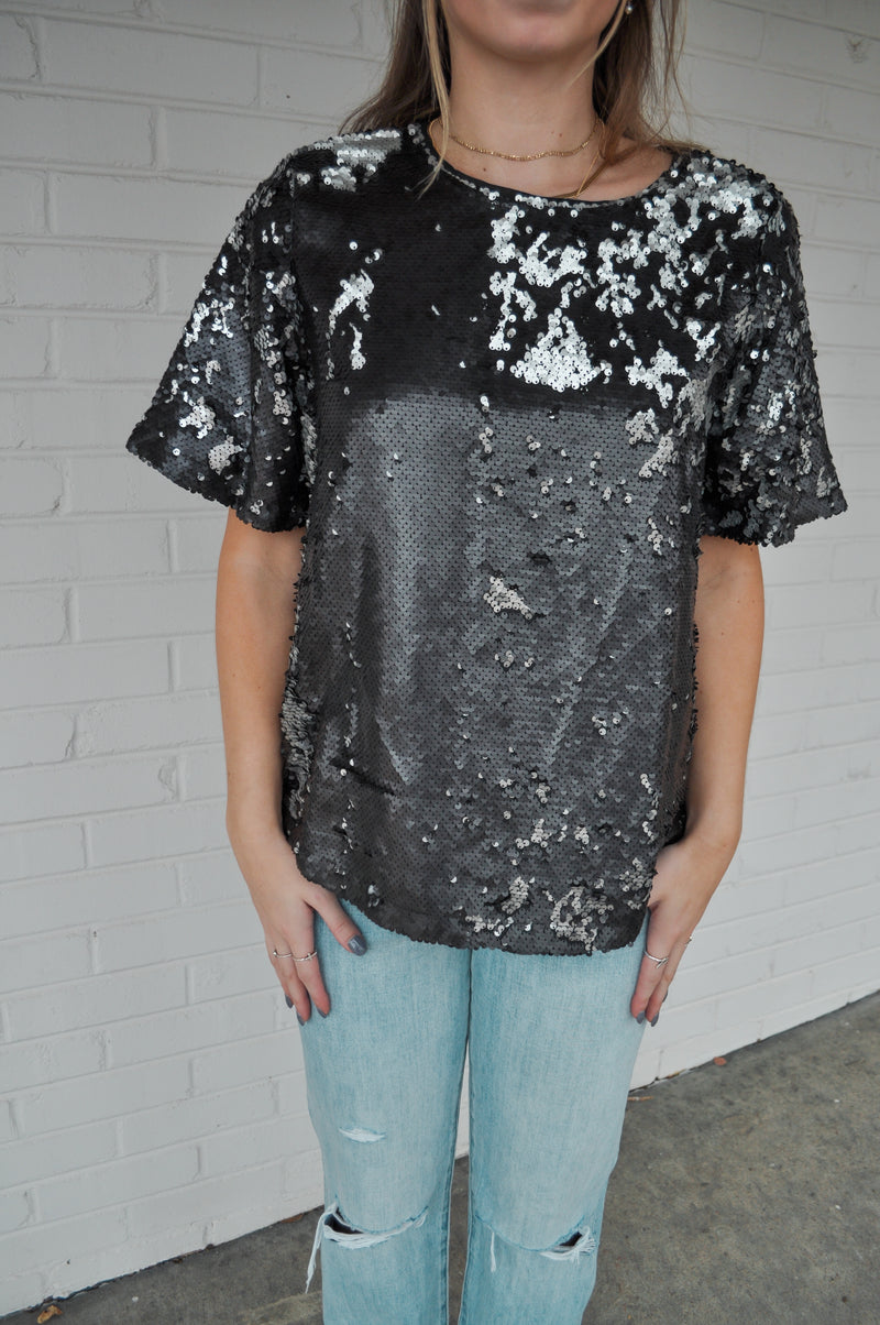 BuddyLove Blanche Sequin Short Sleeve Top - Smoke