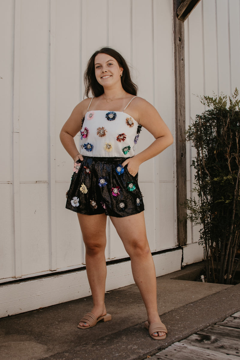 Queen Of Sparkles Polka Dot Top With Red Flowers in White