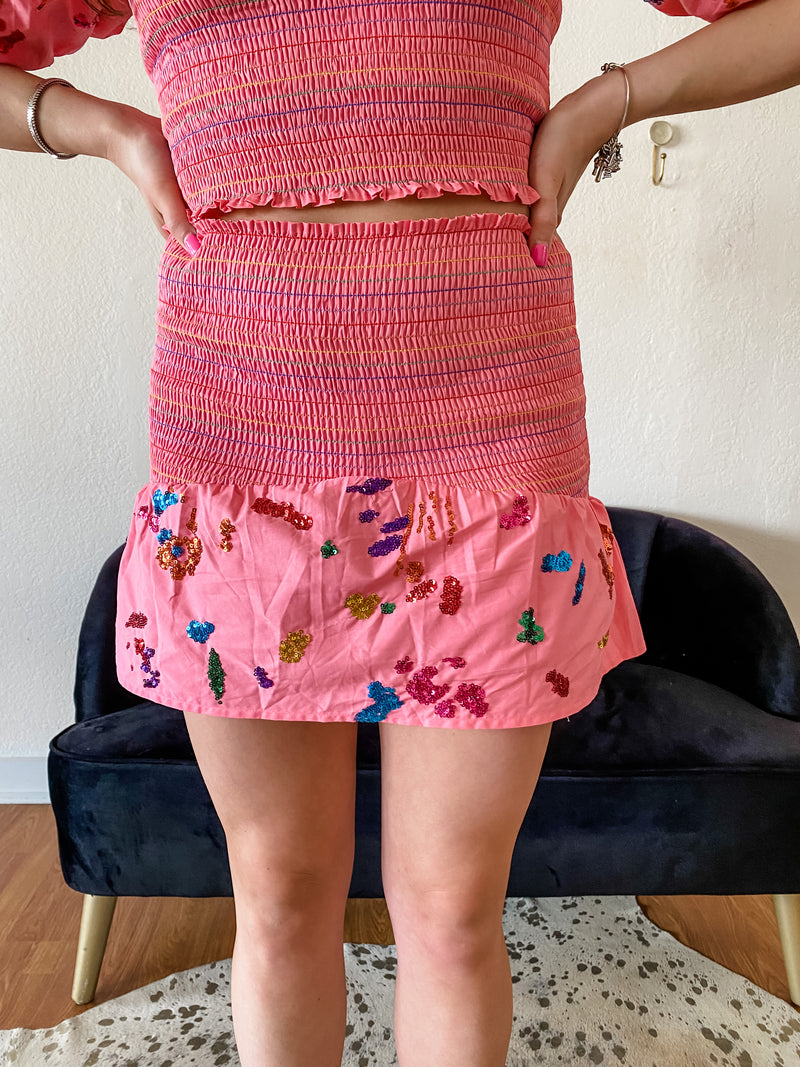 Queen of Sparkles Sequin Splatter Paint Smocked Skirt