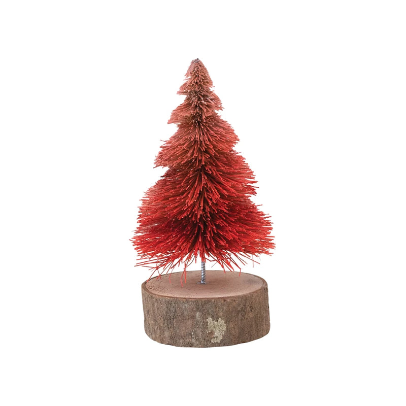 3" Round x 6"H Sisal Bottle Brush Tree with Wood Slice Base, Red Ombre